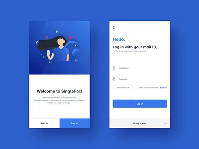 Log In : SinglePost App 2d animation app blue charecter clean creative gif illustrator in log mobile sign singlepost ui up ux