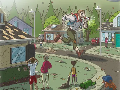 Storybook Illustration Detail - Benjamin-Bob #4 cleanup community damage giant illustration megaphone neighborhood neighbors organizing repair storm
