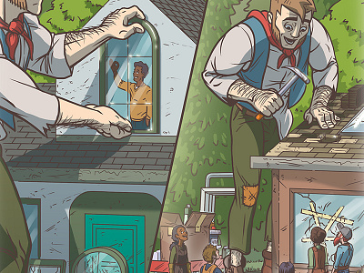 Storybook Illustration Detail - Benjamin-Bob #5 broken window cartoon hammer handyman home repair house repair illustration renovate renovation repair man roofing wacome
