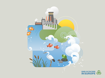 End Ecocide Flyer Illustration II bird factory fish frog hills illustration river sunrise swamp water waves