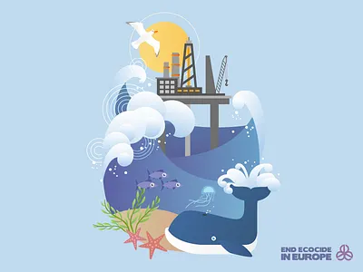 End Ecocide Flyer Illustration animals beach illustration ocean oil rig starfish sunset waves whale