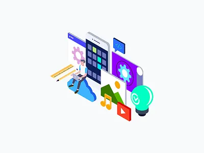 App Development Isometric Illustration app cloud development illustration isometric laptop light phone