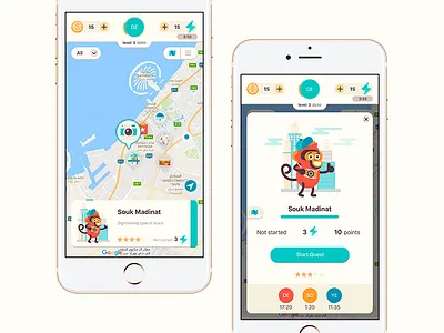 PoGo Travel App Case Study city map navigation clean white application dashboard draw icons game interface ios mobile app iphone mockup monkey character illustration travel quest yalantis