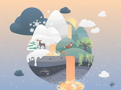 Mountain World animals clouds dinosaur earth illustration life mountain snow sunset tree vector water