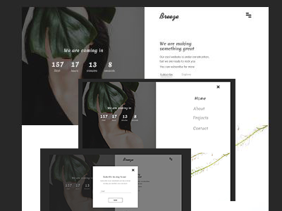 Breeze colors coming soon font hamburger menu menu minimalist monochrome photoshop pop up ui ux web