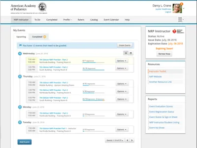 Instructor Dashboard - Upcoming Events dashboard events instructor list schedule