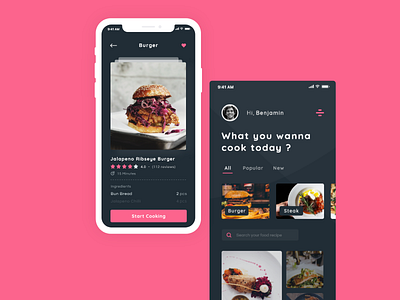 Food Recipes App dark design food app iphonex pink ui ux