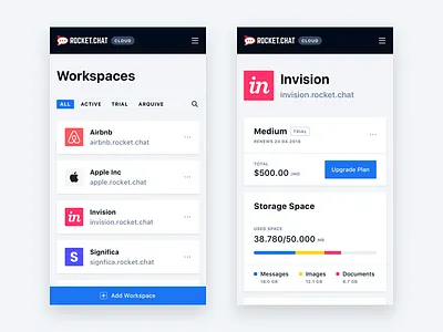 Rocket.Chat Workspaces Mobile analytics brand card interface ios light mobile sf significa