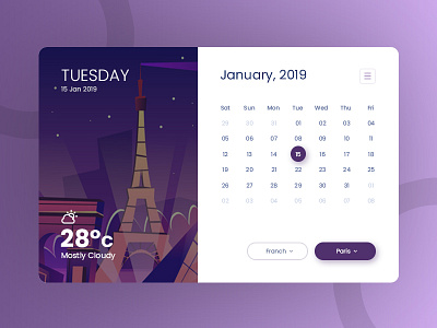 Calendar With Weather animatio app calendar calendar 2019 calendar app clean creative date illustration month report temperature ui ui concept ux weather web web app website year