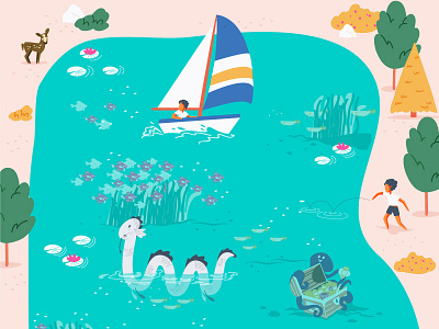 The Lake illustration lake loch ness monster nature vector