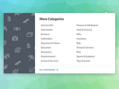More Categories - popover ui - dropdown - floating panel category list icons in dropdown iconset navigation popover popup ui