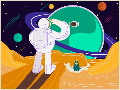 Astronaut on Saturn's moon Titan astronaut flatdesign illustration moon rocket saturn stars titan universe