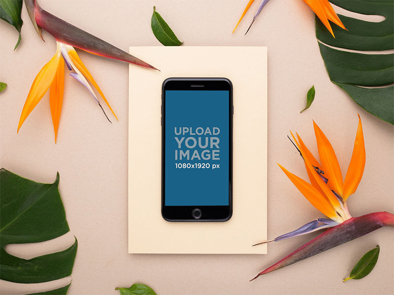 Space Gray Iphone 8 Plus Mockup With Birds Of Paradise Flowers digital marketing digital mockup graphic design ios iphone iphone mockup mockup ui ux ux design