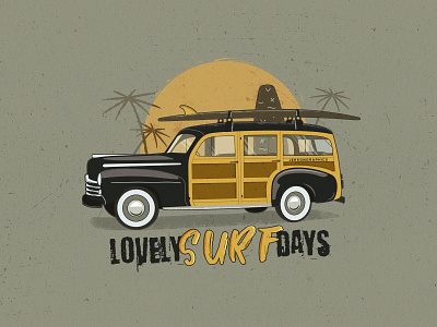 Retro Surf Car - Ford Woodie badge car classic ford illustration summer surfboard surfing tropical vintage wagon woodie