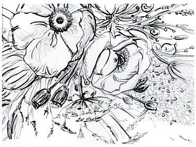 Floral Bouquet Black and White Illustration black bouquet drawing floral flowers hand drawn illustration ink poppies wildflowers