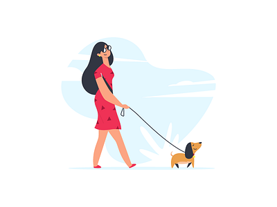 Dog Walker character dog girl hand drawn walk