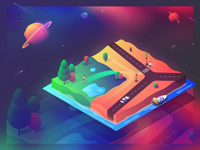 Aurora Park aurora boat fusion illustration isometric park planet road track ui