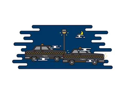 Few Black Taxis Drive Up Major Roads On Quiet Hazy Nights car drive haze illustration night outline pangram quiet road taxi vector