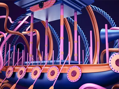 Abstract4 3d abstract blue boat color fly illstration liens orange pharaoh pink render