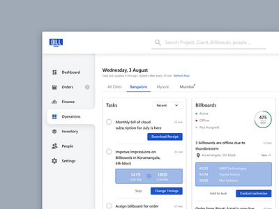 Operations-Billboard Management billboards dashboard operations search bar tabs tasks to do