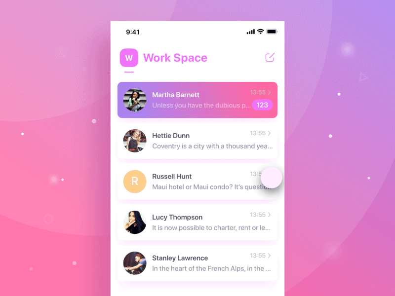 Work space mobile app design animation app app design chat dialog ios message mobile mobile app design select side menu sidebar space swipe ui unread