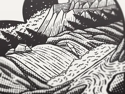 Something cool is cooking at New Garden Society black and white illsutration moon mountains night pine tree river stars waterfall wild