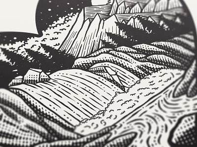 Something cool is cooking at New Garden Society black and white illsutration moon mountains night pine tree river stars waterfall wild