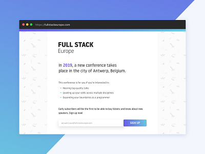 Full Stack Europe teaser page conference form gradient landing minimal newsletter signup site ui web