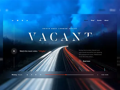 Vacant Landing Page artist clouds forest header homepage landing lights music player road web