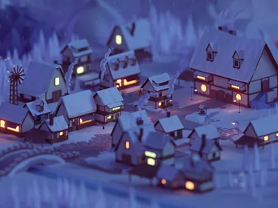 Low poly fantasy village 3d blender game glow isometric lights lowpoly render snow town village
