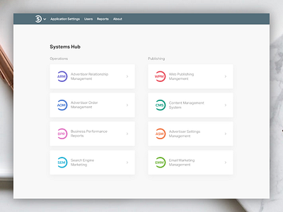 Systems Hub - suite of web apps, index page layout app screen app selection app suite choose an app frontpage index page ui splash page