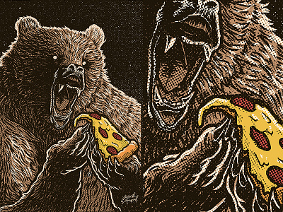 Hangry animals art artofvelazquez bear food hungry illustration jesus velazquez pizza retro vintage