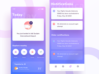 Flight & Hotel App Exploration airplane cards gradient hotel icons illustration illustrations ios ios11 notifications ui