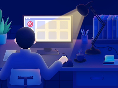 Work overtime blue computer desk lamp illustration man night on the back work