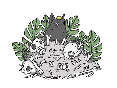 Graveyard queen animal bones cartoon cat cute illustration monstera nature plant queen skeleton skull