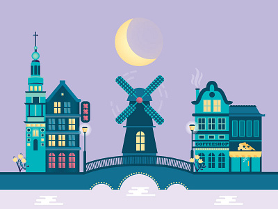 Amsterdam Colour amsterdam bridge cheese coffeeshop flat houses moon travel tulips vector water windmill