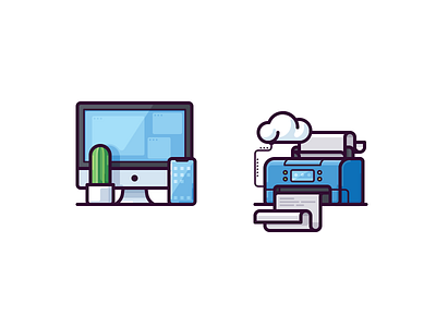 Office icons cactus cloud computer device icon illustration office pc phone printer