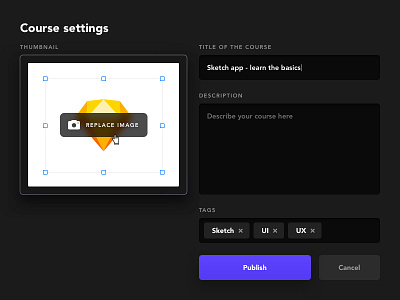 Course Settings form course dark desktop form inputs modal settings sketch tags ui