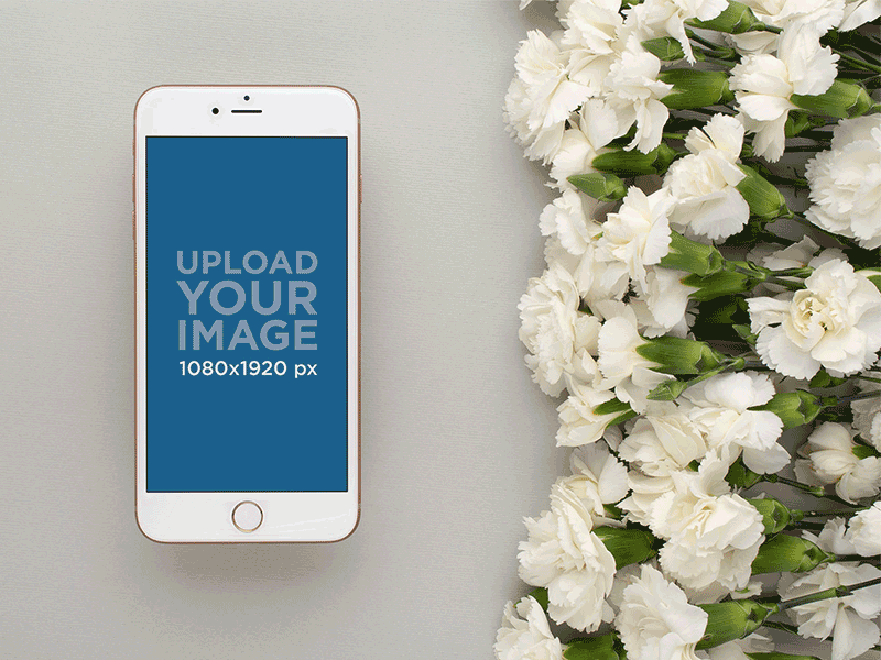 Gold iPhone 8 Plus Mockup Lying Next to White Flowers app branding digital mockup iphone mockup