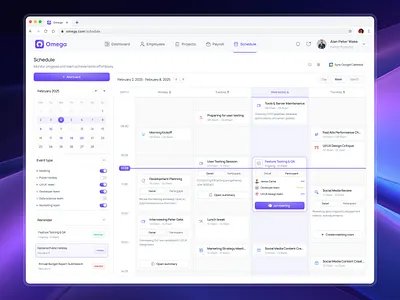 Omega - Calendar Dashboard Page appointment scheduling calendar dashboard date picker ui event planner meeting scheduler minimal dashboard modern uiux product design productivity productivity dashboard project management saas saas dashboard schedule app schedule dashboard task management time management to do list ux design web dashboard