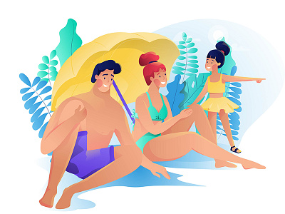 Family Holiday character design family holiday happy illustration love plants sea summer tropic umbrella