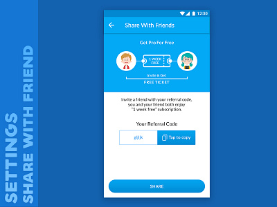 Refer app screens friends game material design mobile app mobile ui refer referal code settings share app subscription