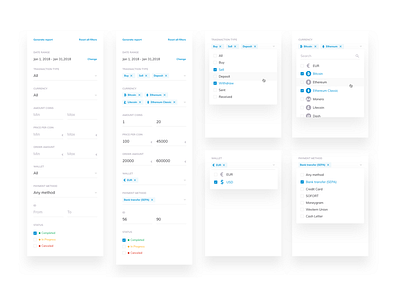 History Filters cryptocurrency dashboard dropdown exchange filters