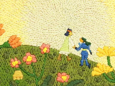 Sunset childrens colourful craft embroidery flat illustration kids narrative textiles thread women