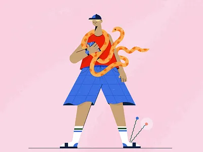 Man walking his snake snake character