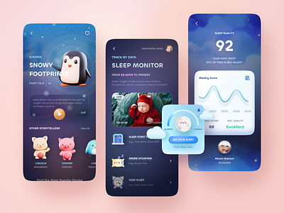 Kids Sleep Tracker App. 3d animal app app design blue chart children dark data design details illustration kid list live mobile mobile design profile ui video