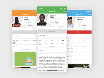 ESPN Fantasy Native Player Cards baseball basketball card design espn football player card playercard ui ux