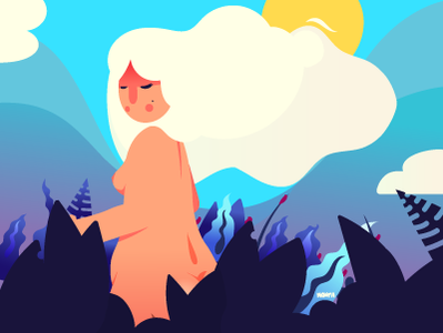 Nimbus clouds flora hair illustration leafs naked plants sun tropical vector white woman