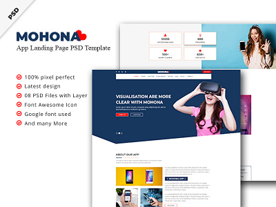 Mohona App Landing Page Psd Template app app showcase app store blue bootstrap clean creative dark ios landing page photoshop ui