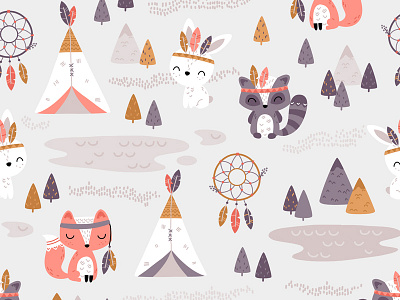 Tribal Woodland - textile nursery pattern design bunny character children fox illustration nursery pattern design raccoon teepee textile tribal woodland